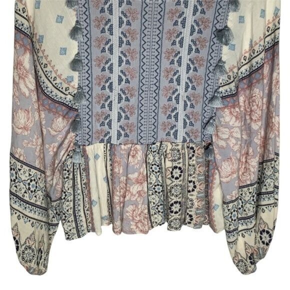 American Eagle XS Boho Floral Patchwork Peasant Blouse Long Sleeve - Picture 4 of 12